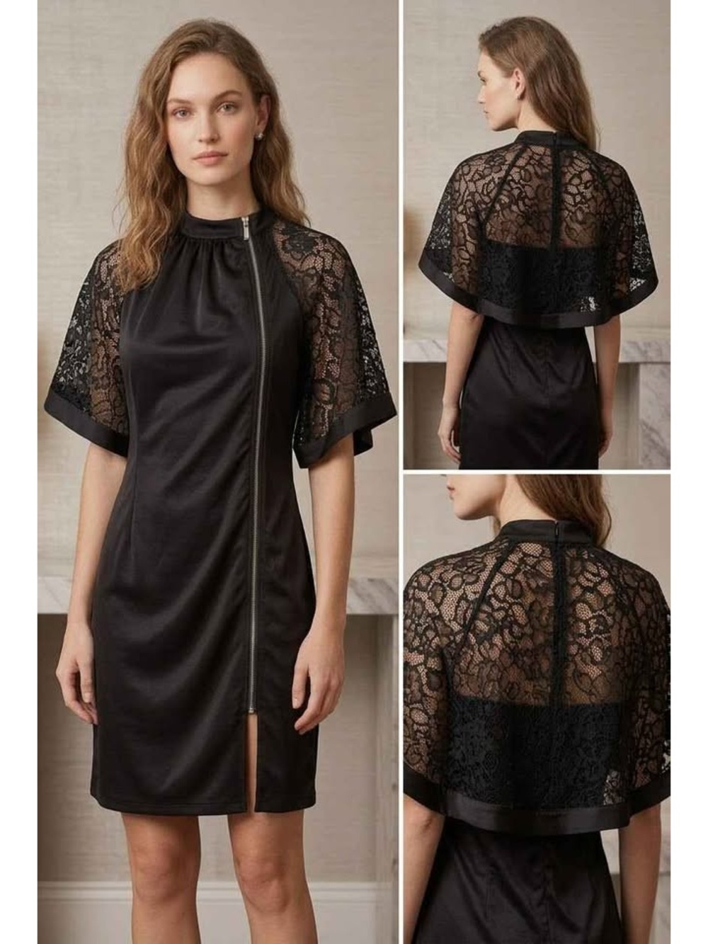 THE WOMAN PARIS Black Satin & Lace Asymmetrical Zip Capelet Dress, no size